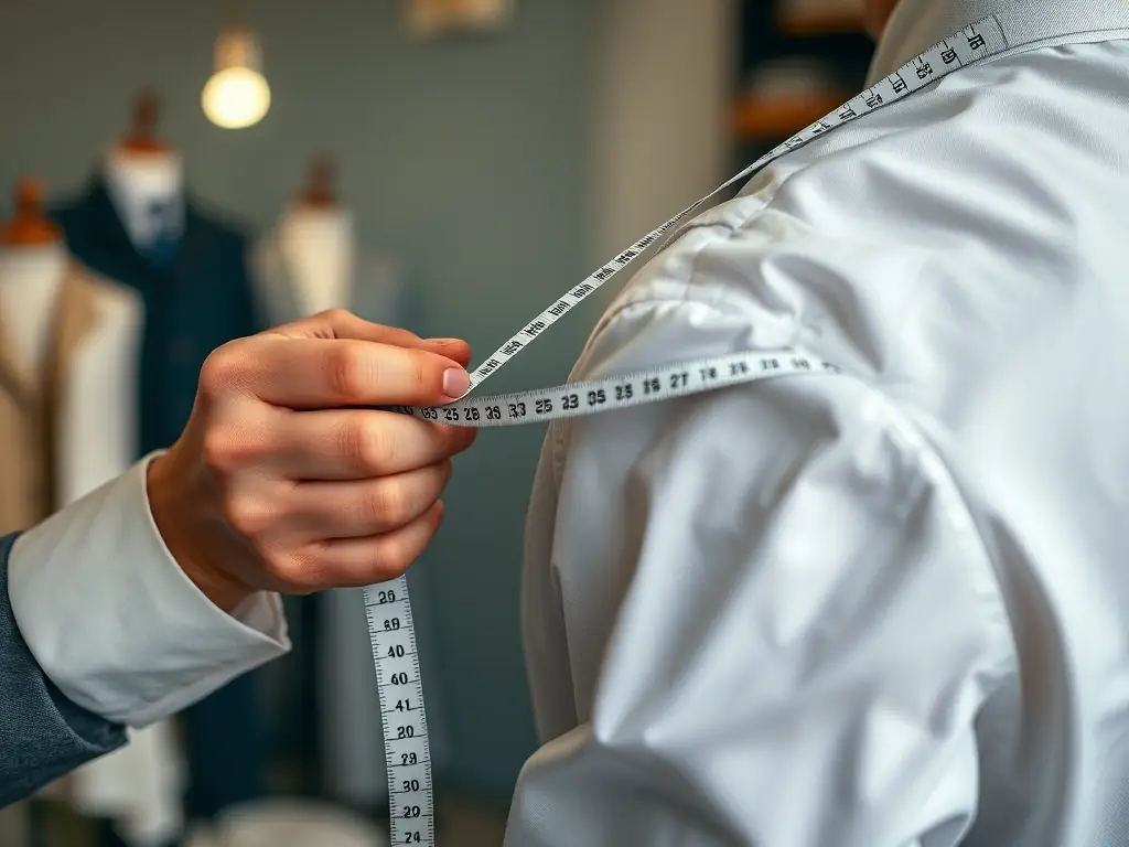 A close-up shot of a tailor's hands meticulously measuring the shoulder width of a client, using a flexible measuring tape. The focus is on the precision and attention to detail.