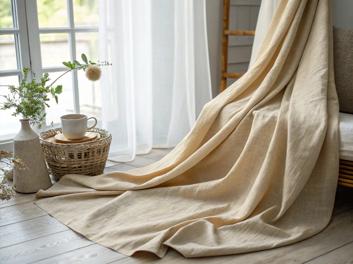 Close-up shot of a swatch of pure linen fabric in a light beige color, highlighting its natural texture and breathability. The fabric is slightly wrinkled to emphasize its relaxed and comfortable feel.