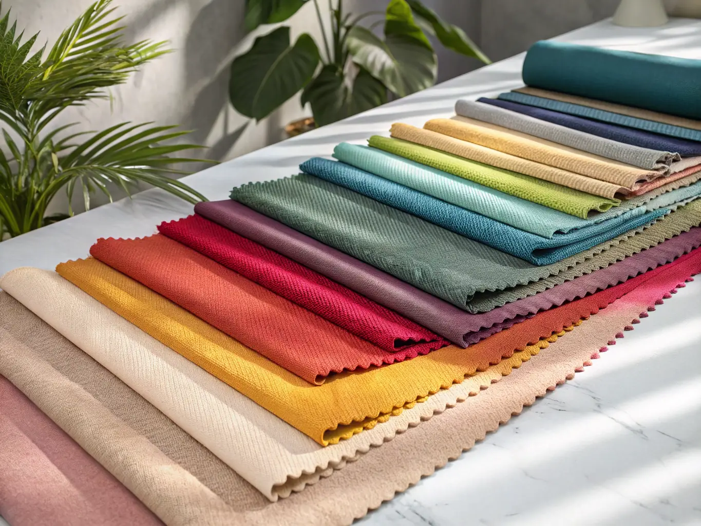 Close-up shot of a selection of colorful suit linings, showcasing a variety of patterns and textures. The linings are arranged in a visually appealing way to highlight the customization options available.