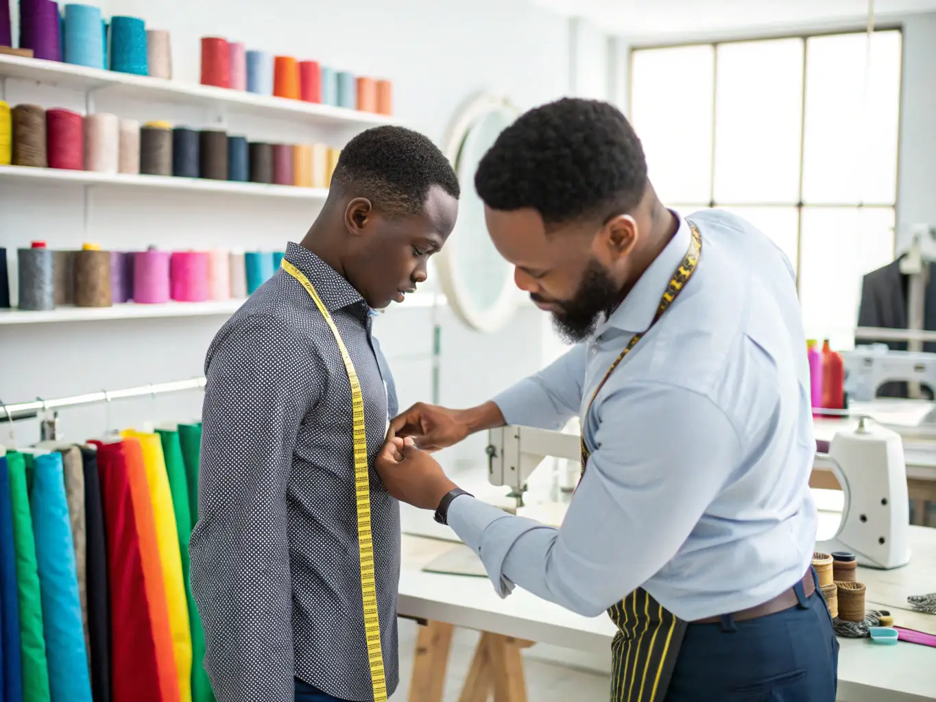 A tailor measuring the inseam of a client's trousers, ensuring the correct length for a perfect fit. The image emphasizes the importance of accurate inseam measurements for comfortable and stylish trousers.